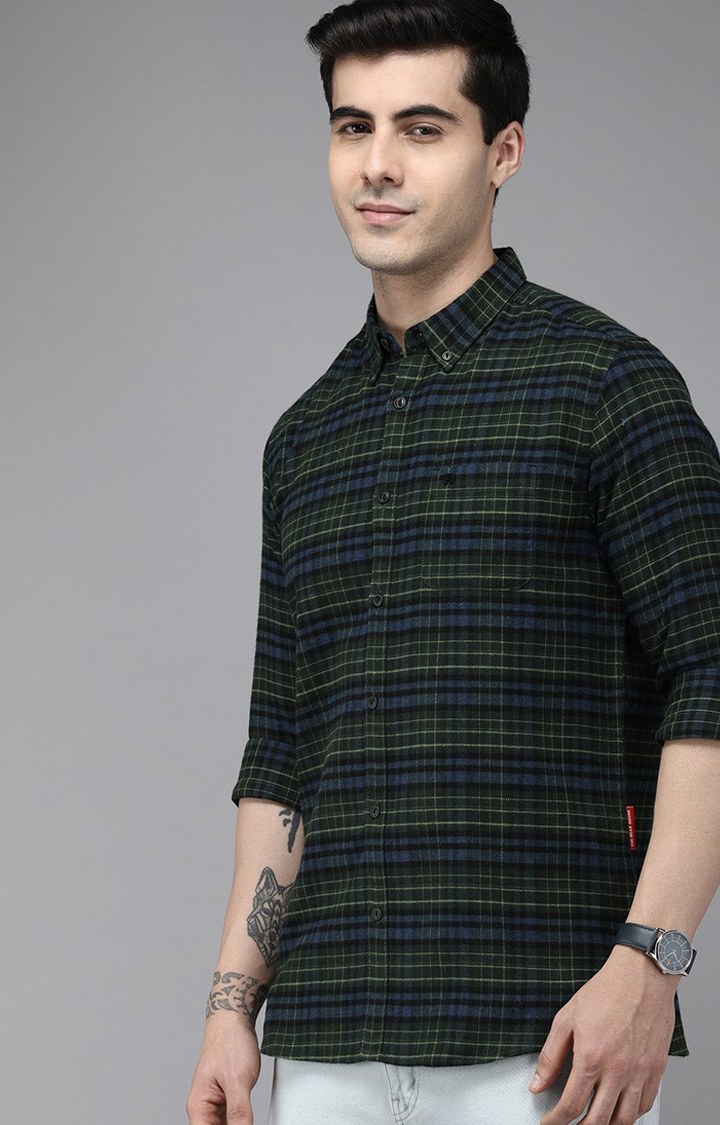 Men's Green Cotton Checked Casual Shirt