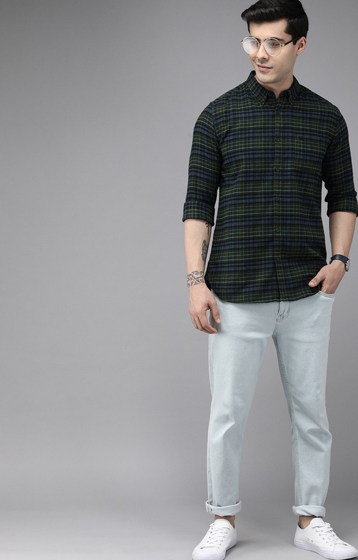 Men's Green Cotton Checked Casual Shirt