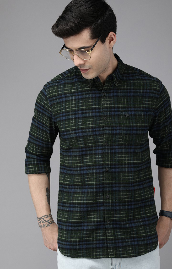 Men's Green Cotton Checked Casual Shirt