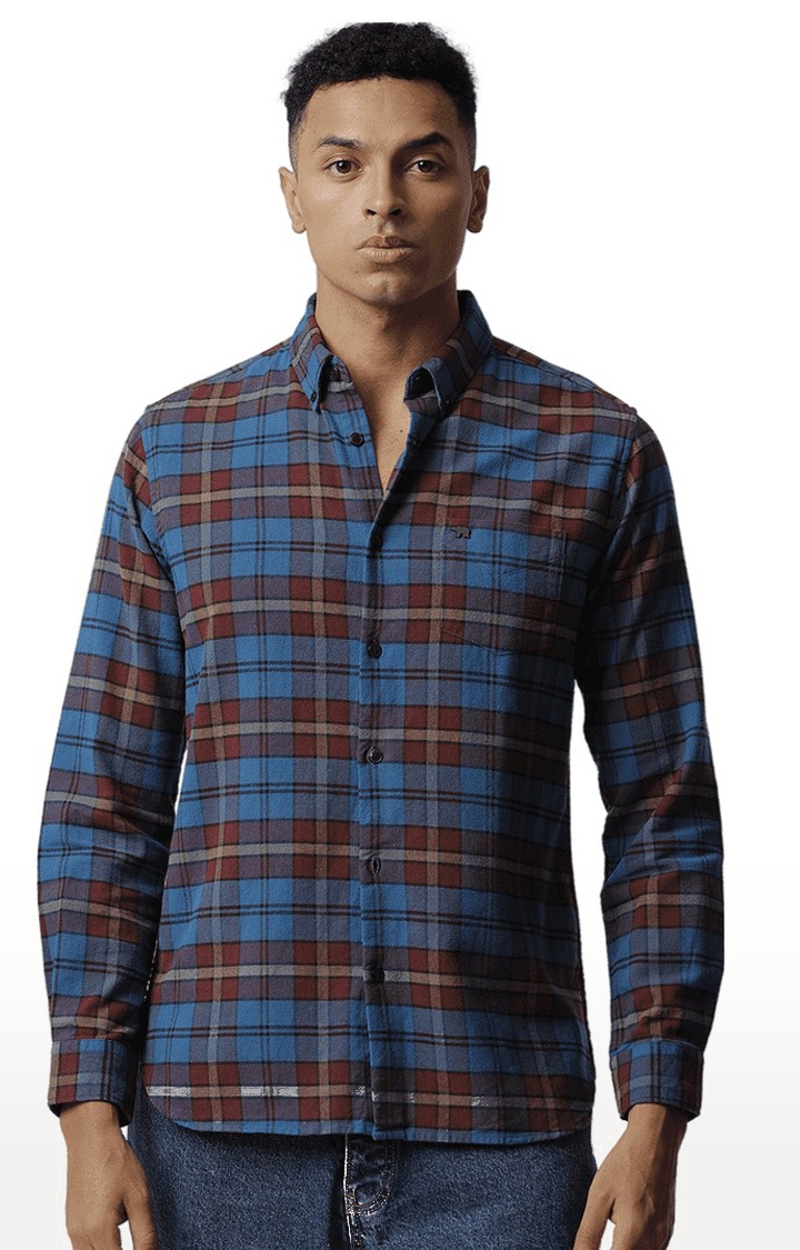 The Bear House | Men's Blue Cotton Checked Casual Shirt 0