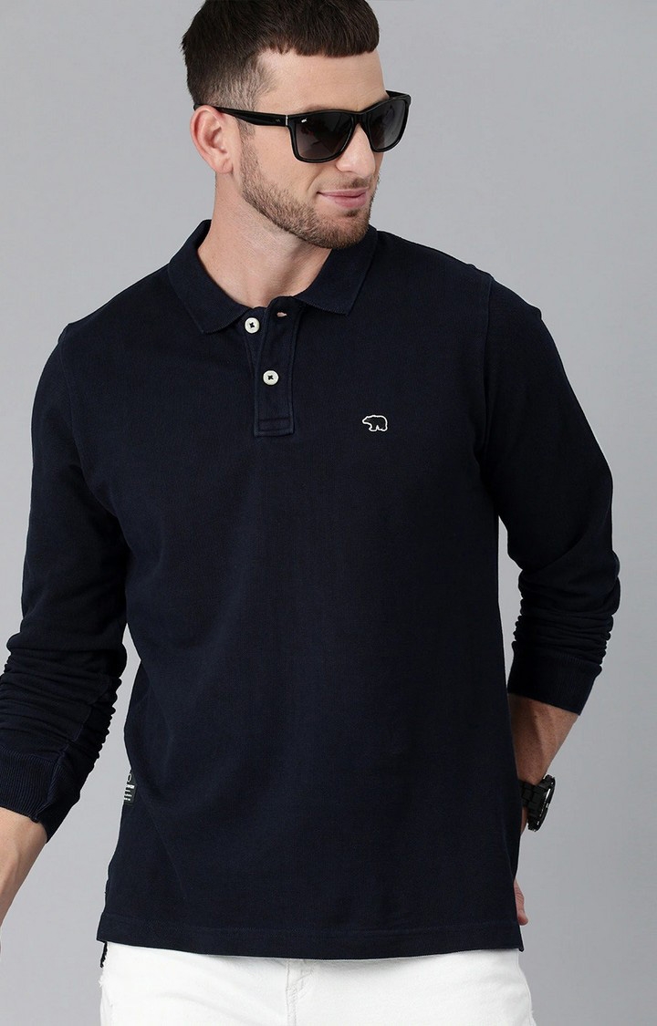 The Bear House | Men's Blue Cotton Solid Polo T-shirt 0