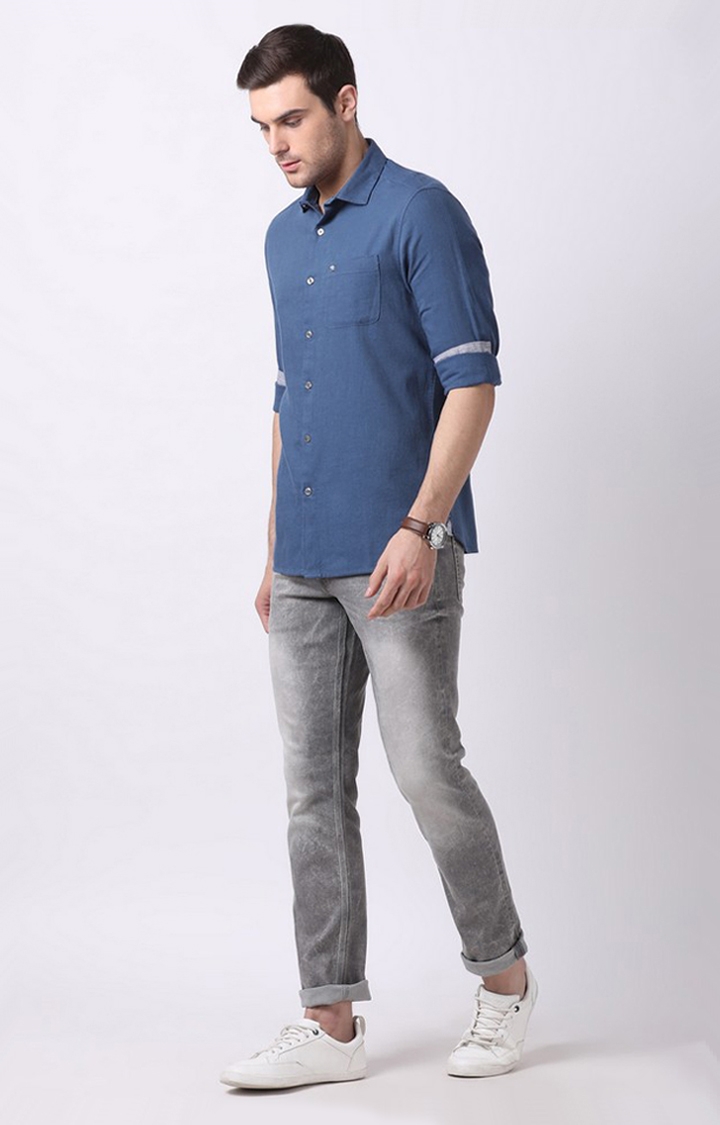 The Bear House | Men's Blue Cotton Solid Casual Shirt 1