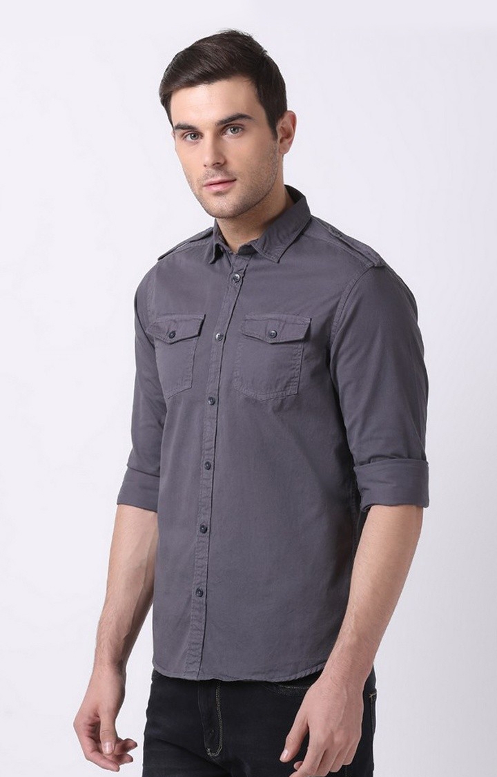 The Bear House | Men's Grey Cotton Solid Casual Shirt 2