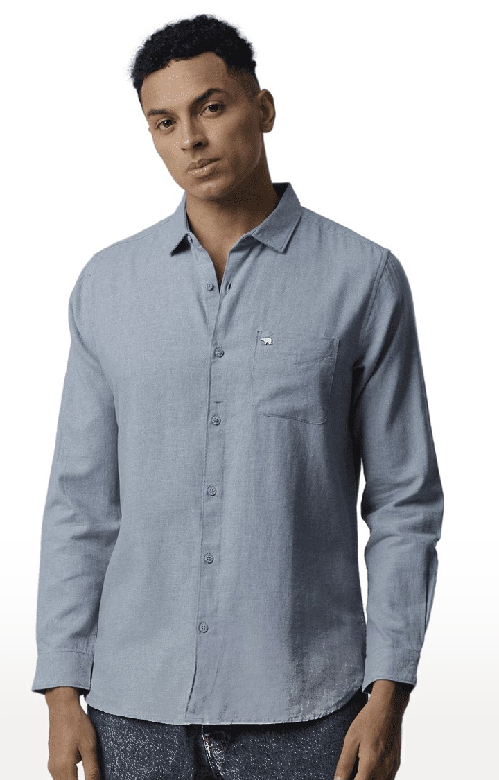 The Bear House | Men's Blue Cotton Solid Casual Shirt 0