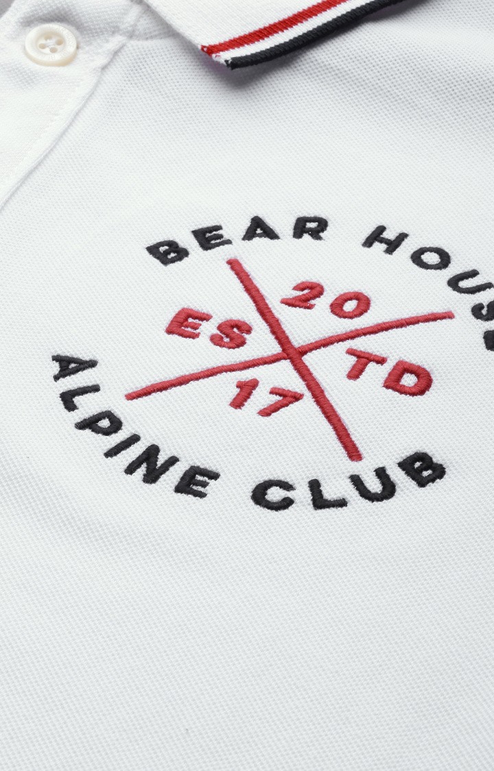 The Bear House | Men's White Cotton Embroidered Polo T-shirt 4