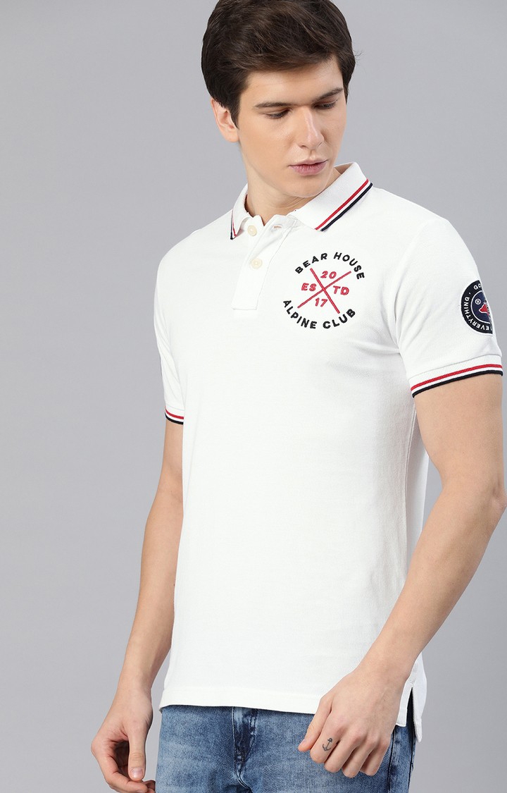 The Bear House | Men's White Cotton Embroidered Polo T-shirt 2