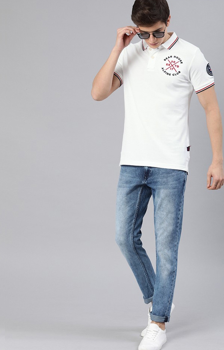 The Bear House | Men's White Cotton Embroidered Polo T-shirt 1