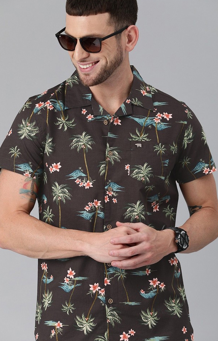 The Bear House | Men's Brown Cotton Floral Casual Shirt 0