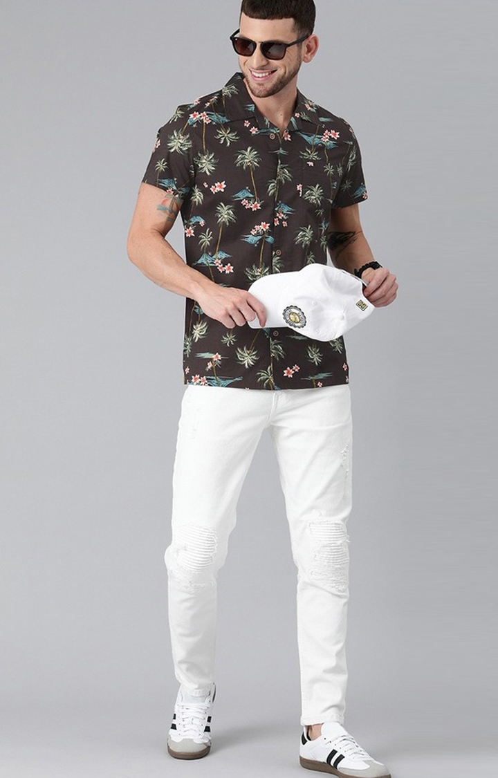 The Bear House | Men's Brown Cotton Floral Casual Shirt 1