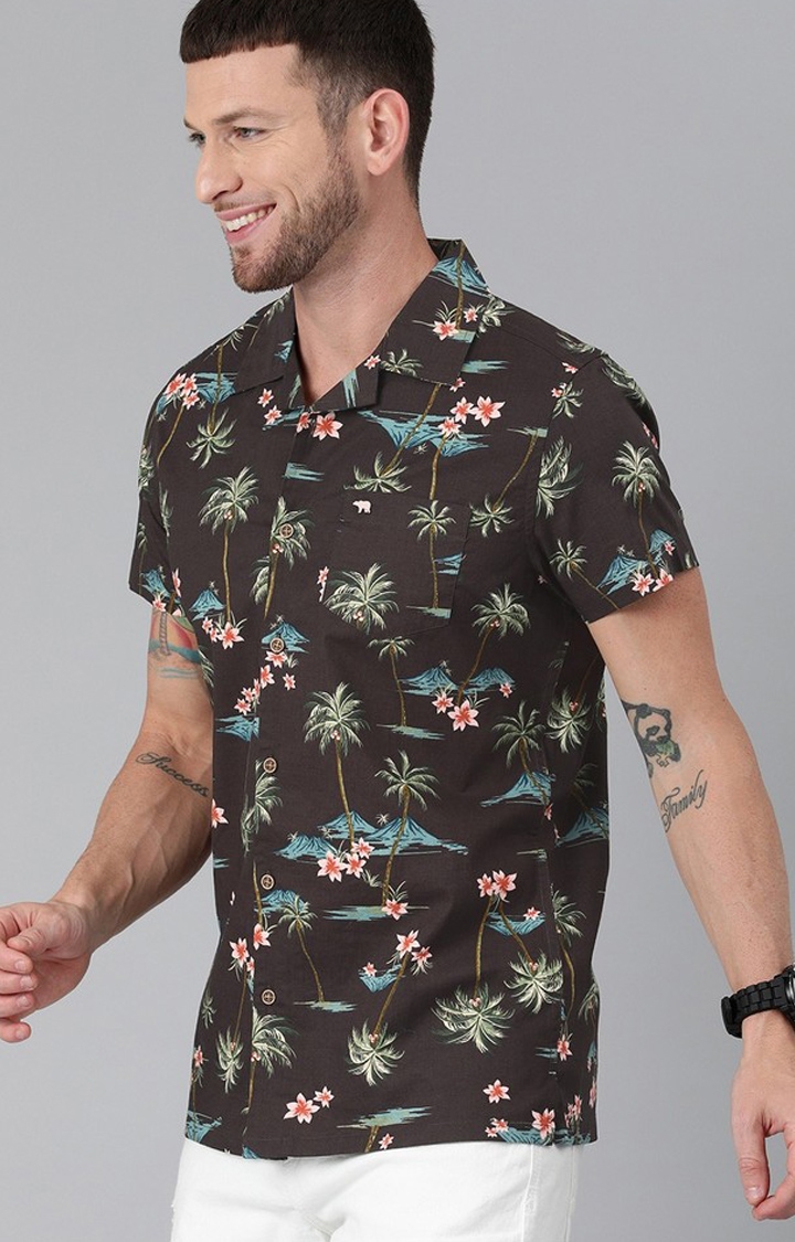 The Bear House | Men's Brown Cotton Floral Casual Shirt 2