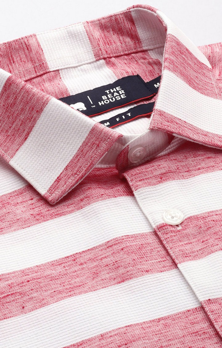The Bear House | Men's Red Cotton Striped Formal Shirt 4