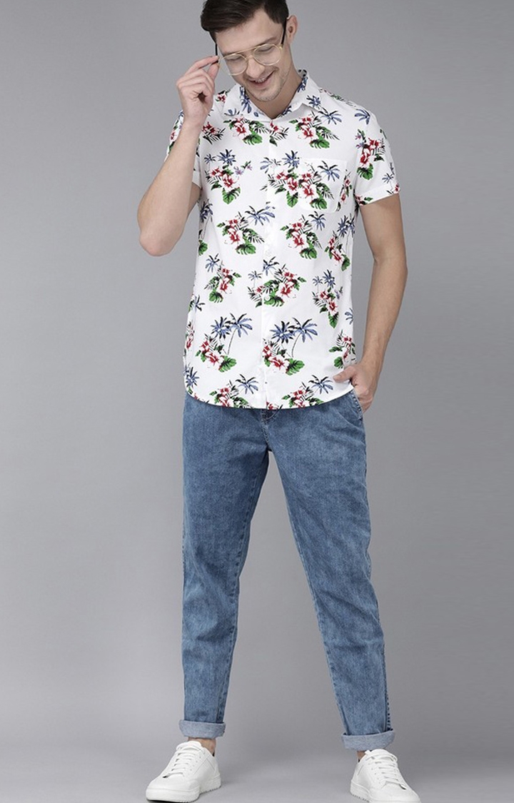 The Bear House | Men's White Cotton Floral Casual Shirt 1