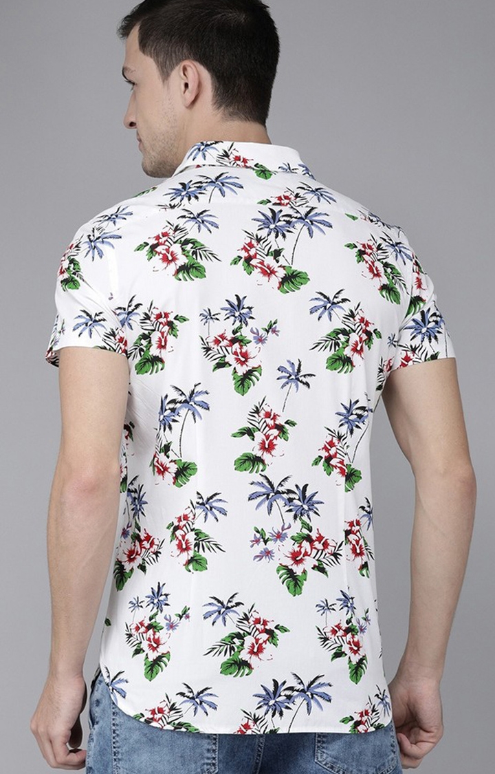 The Bear House | Men's White Cotton Floral Casual Shirt 2