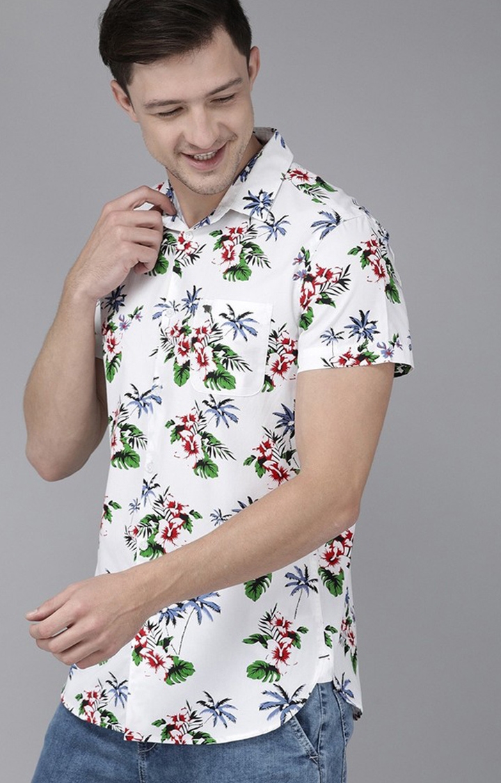 The Bear House | Men's White Cotton Floral Casual Shirt 0