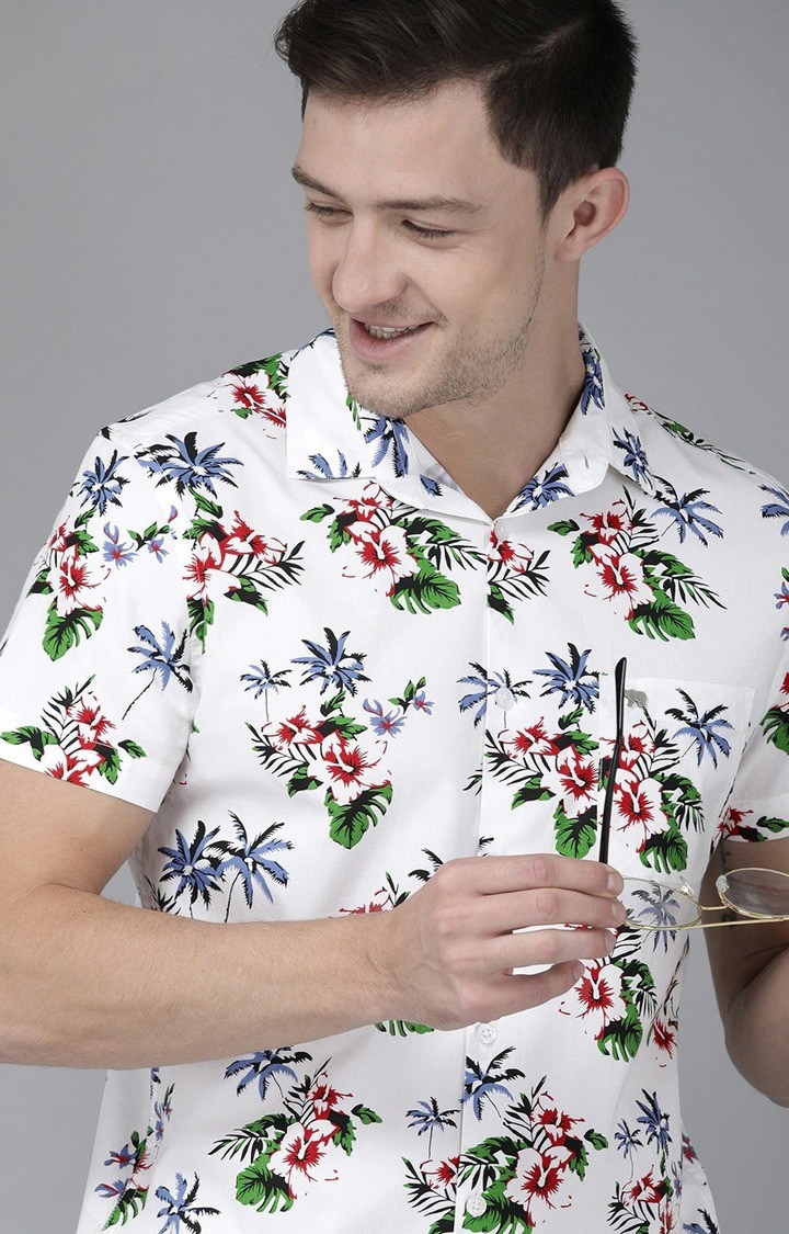 The Bear House | Men's White Cotton Floral Casual Shirt 3