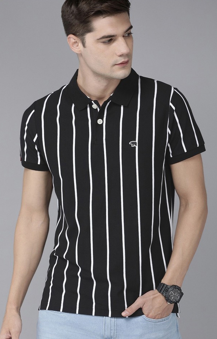 The Bear House | Men's Black and White Cotton Striped Polo T-shirt 0