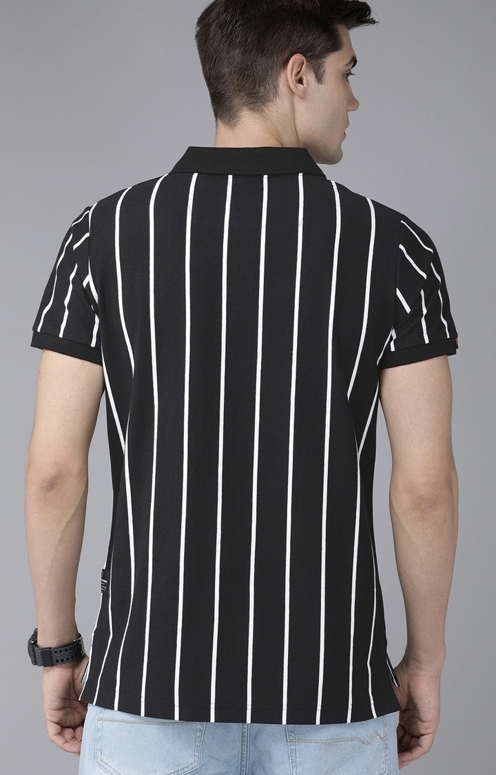 The Bear House | Men's Black and White Cotton Striped Polo T-shirt 3
