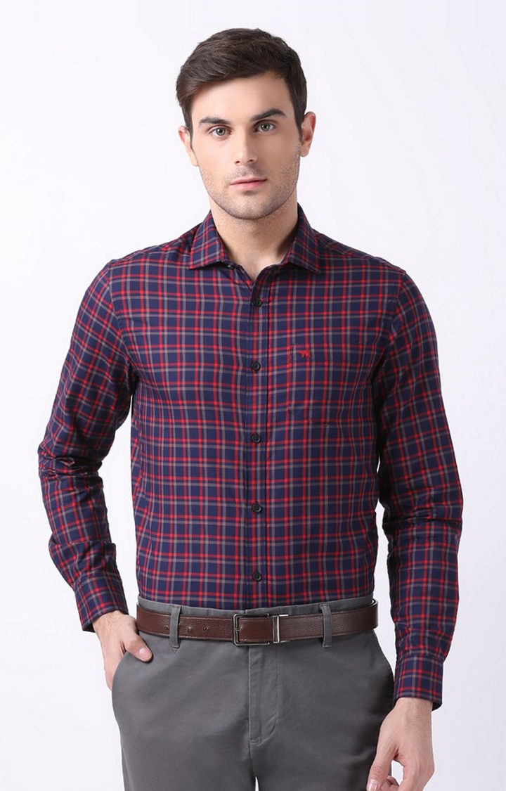 The Bear House | Men's Blue Cotton Checked Formal Shirt 0