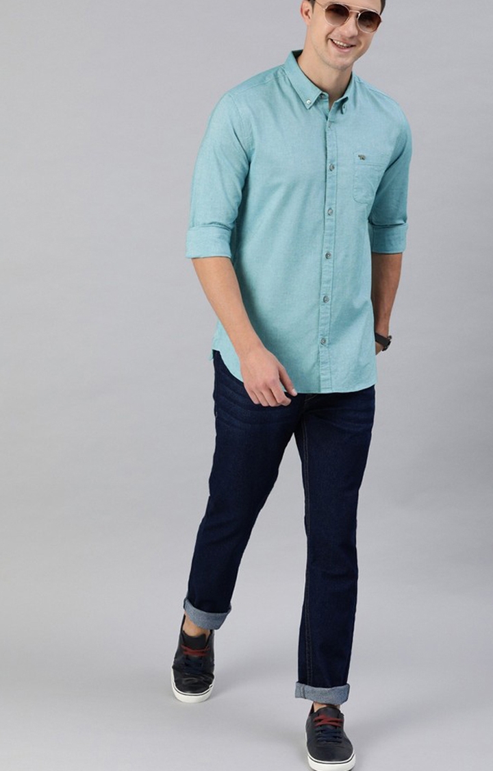 The Bear House | Men's Blue Cotton Solid Casual Shirt 1