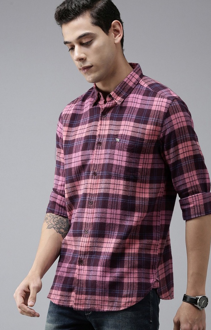 Men's Pink Cotton Checked Casual Shirt