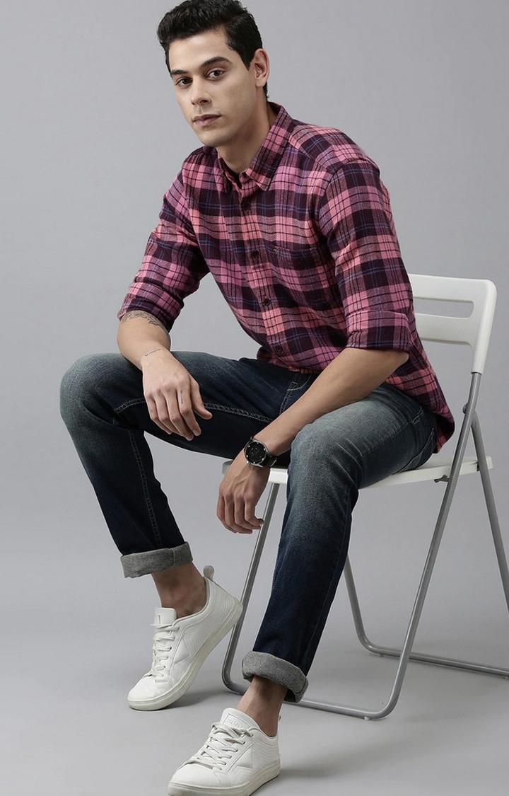 Men's Pink Cotton Checked Casual Shirt