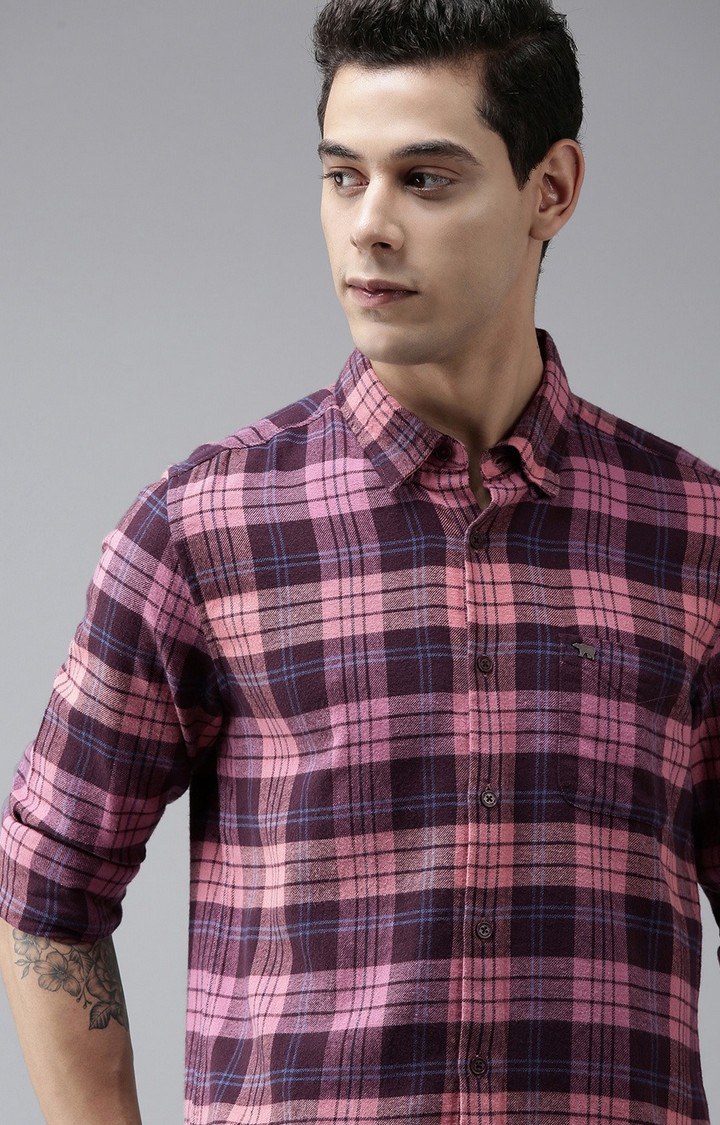 Men's Pink Cotton Checked Casual Shirt