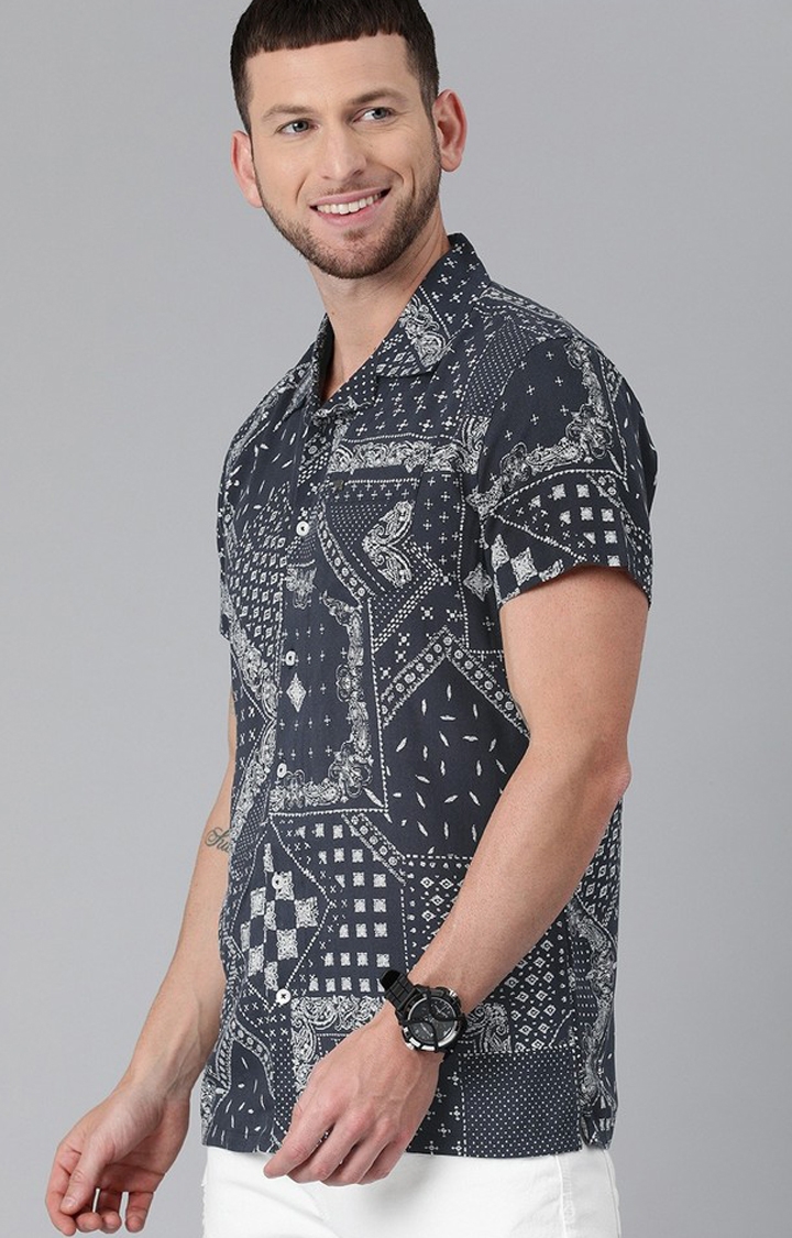 The Bear House | Men's Navy Blue and Off-White Cotton Printed Casual Shirt 2