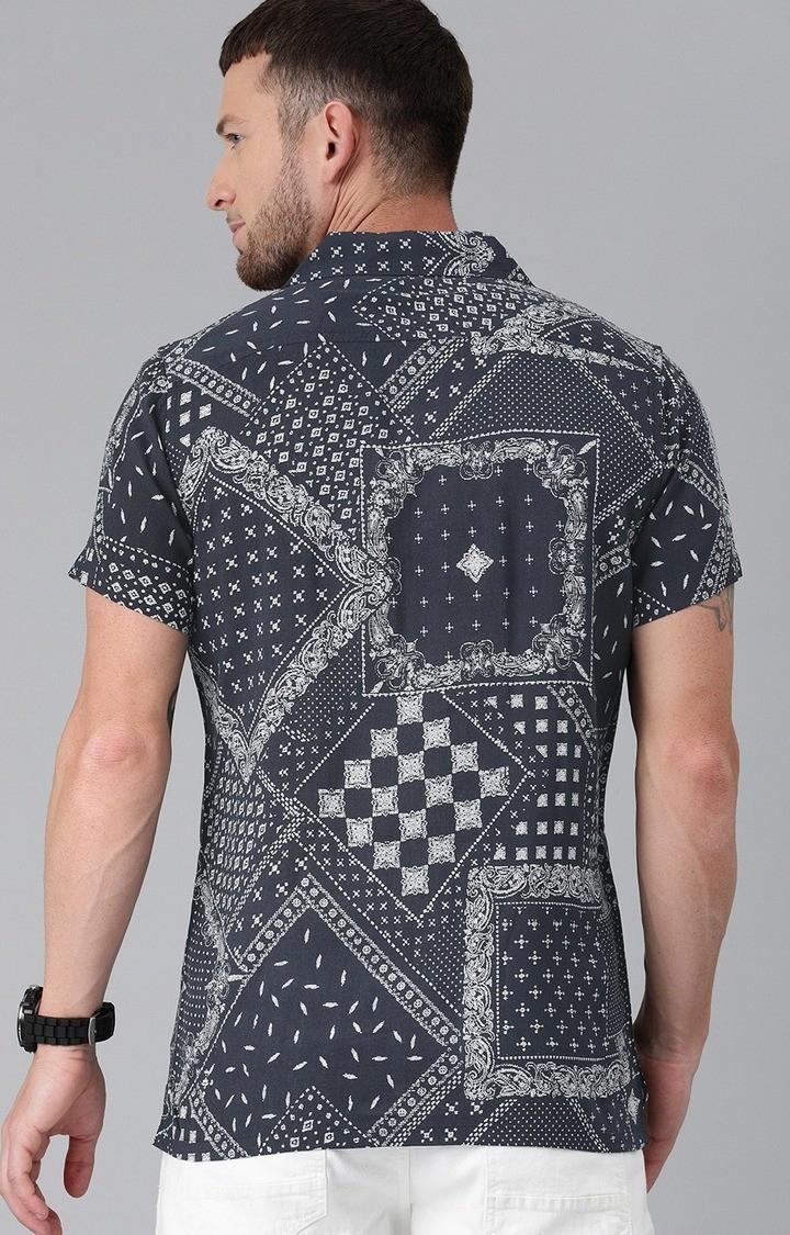 The Bear House | Men's Navy Blue and Off-White Cotton Printed Casual Shirt 3