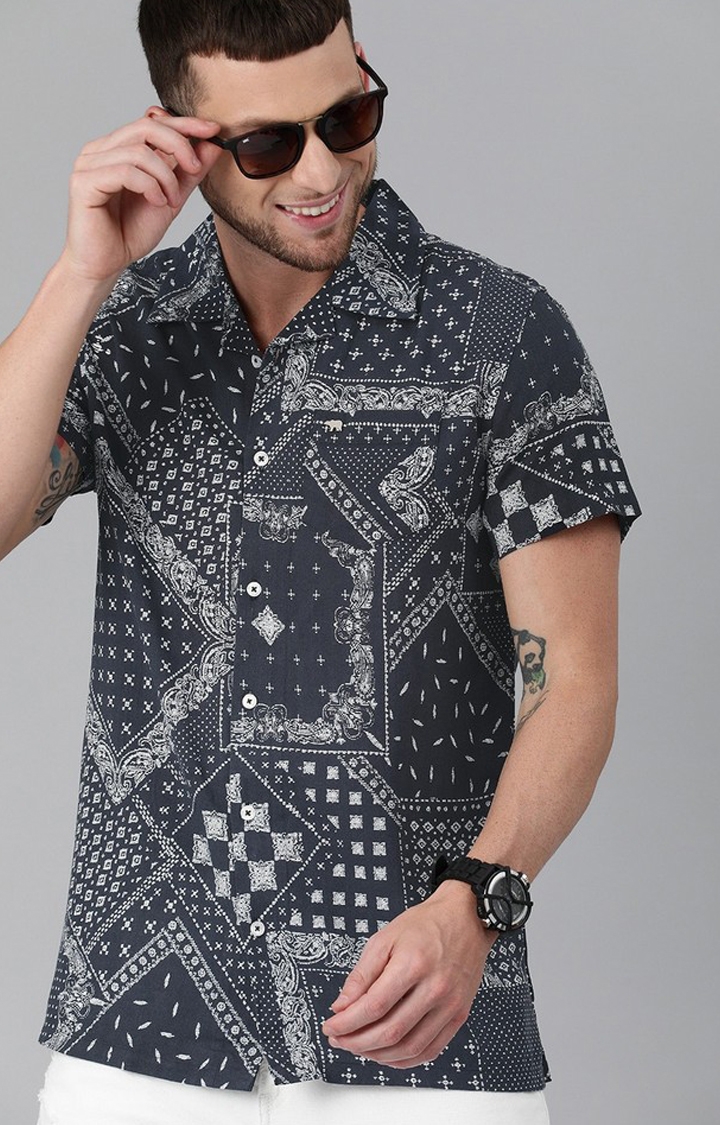 The Bear House | Men's Navy Blue and Off-White Cotton Printed Casual Shirt 0