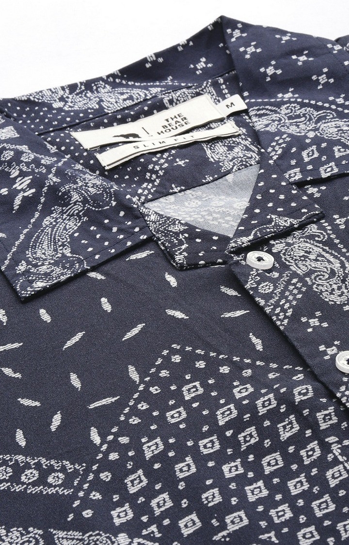 The Bear House | Men's Navy Blue and Off-White Cotton Printed Casual Shirt 4