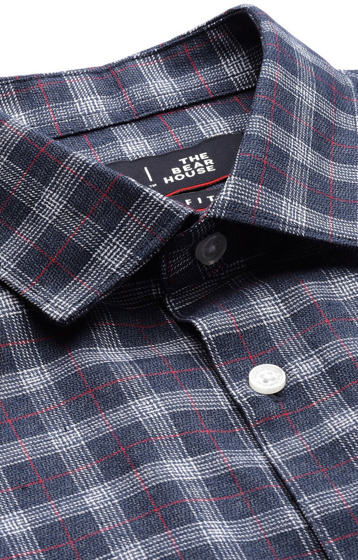 The Bear House | Men's Blue Cotton Checked Formal Shirt 4