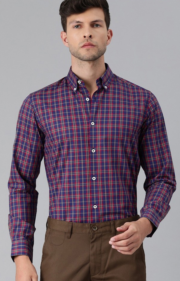 The Bear House | Men's Red and Navy Blue Cotton Checked Formal Shirt 0
