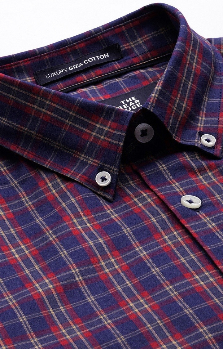 The Bear House | Men's Red and Navy Blue Cotton Checked Formal Shirt 4