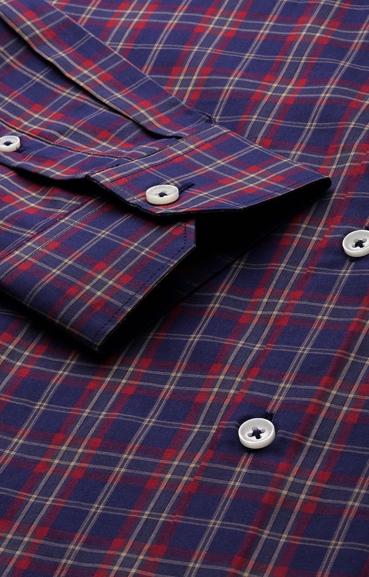 The Bear House | Men's Red and Navy Blue Cotton Checked Formal Shirt 5
