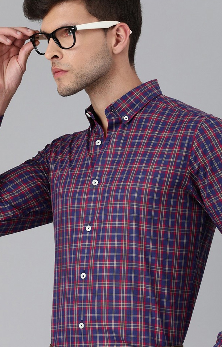 The Bear House | Men's Red and Navy Blue Cotton Checked Formal Shirt 3