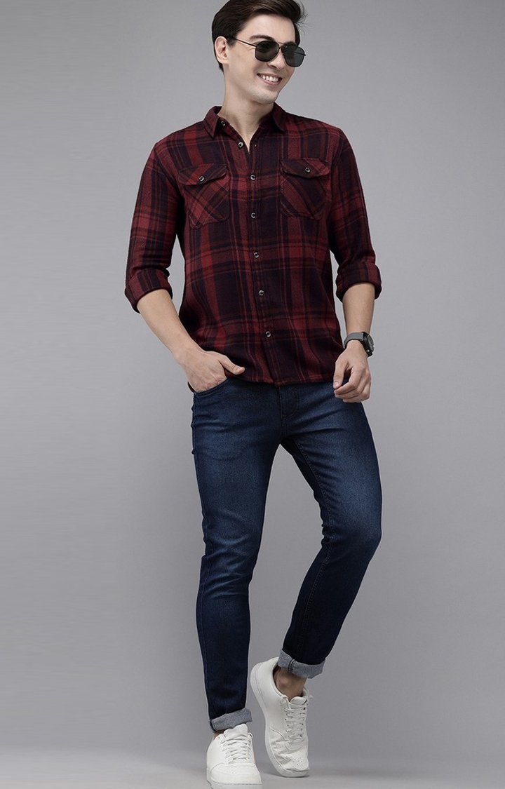 The Bear House | Men's Maroon Cotton Checked Casual Shirt 1