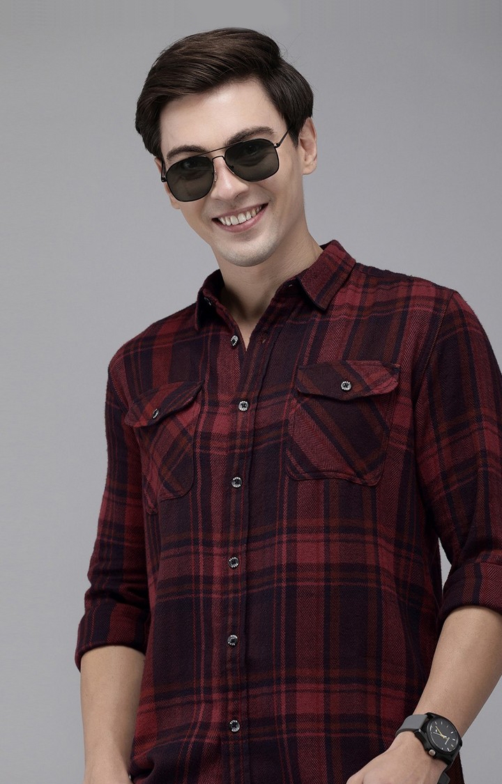 The Bear House | Men's Maroon Cotton Checked Casual Shirt 0