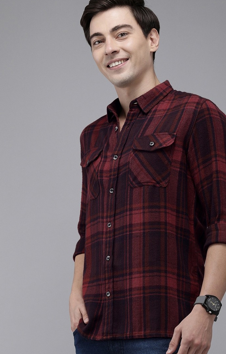 The Bear House | Men's Maroon Cotton Checked Casual Shirt 2
