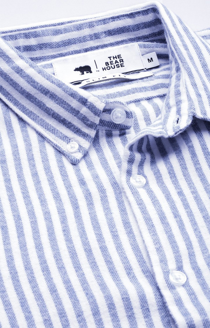 The Bear House | Men's Blue Cotton Striped Casual Shirt 3