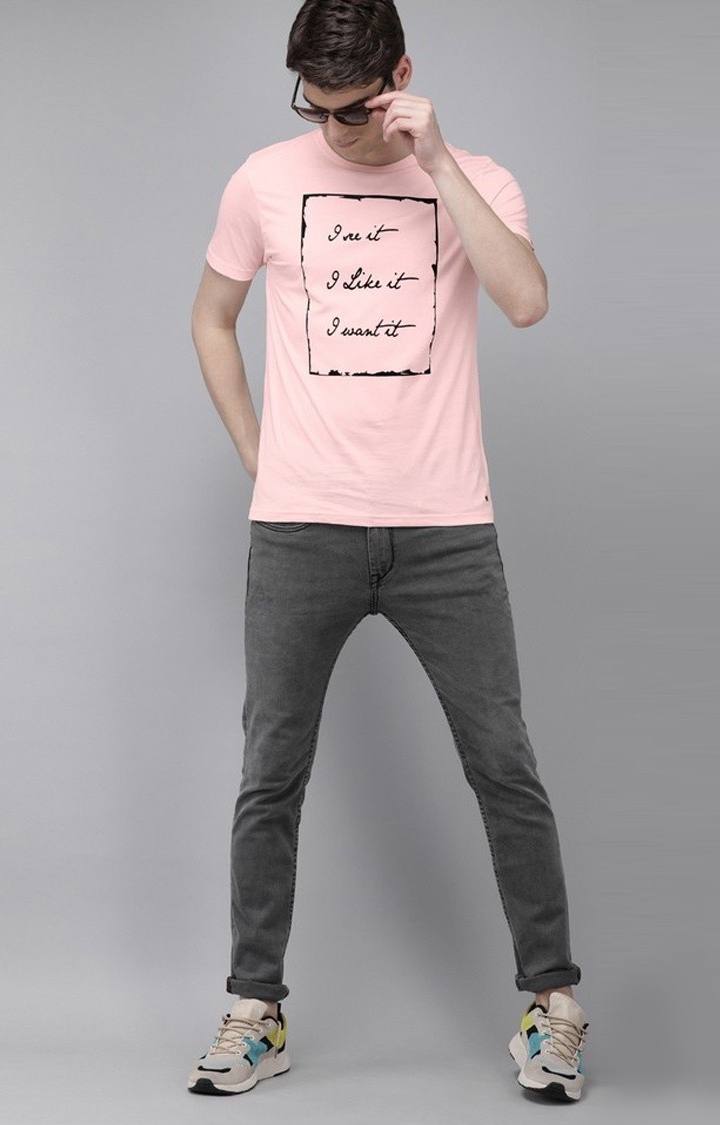 The Bear House | Men's Pink Cotton Typographic T-shirt 1