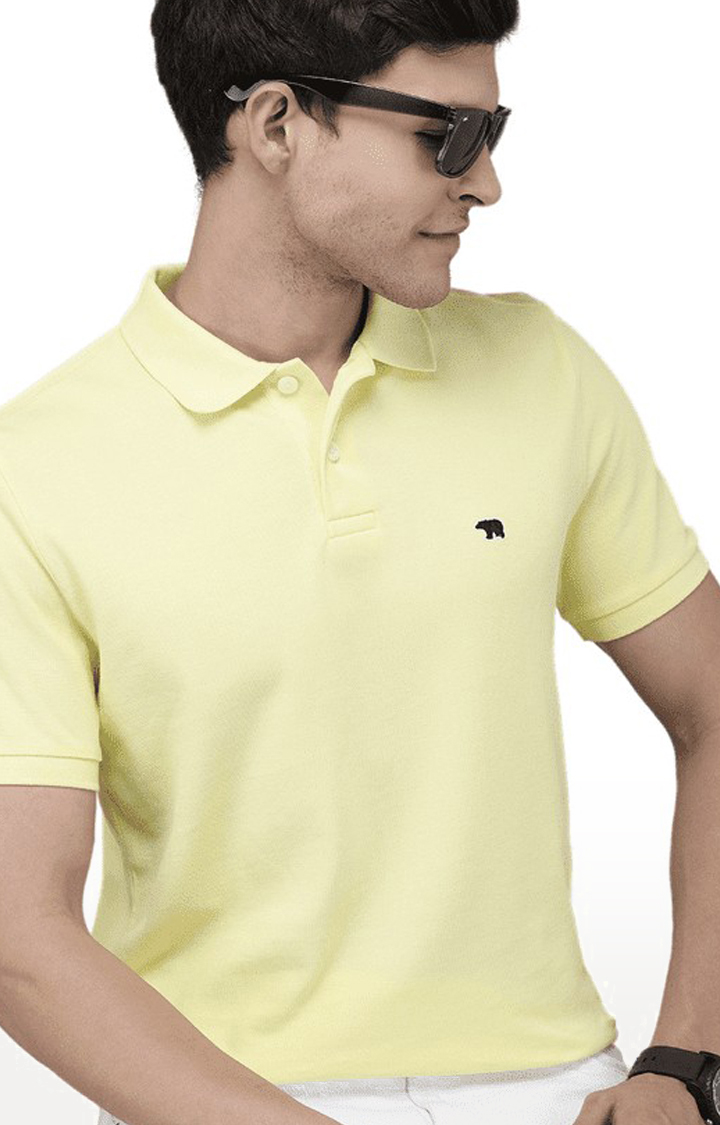 Men's Yellow Cotton Solid Polo T-shirt