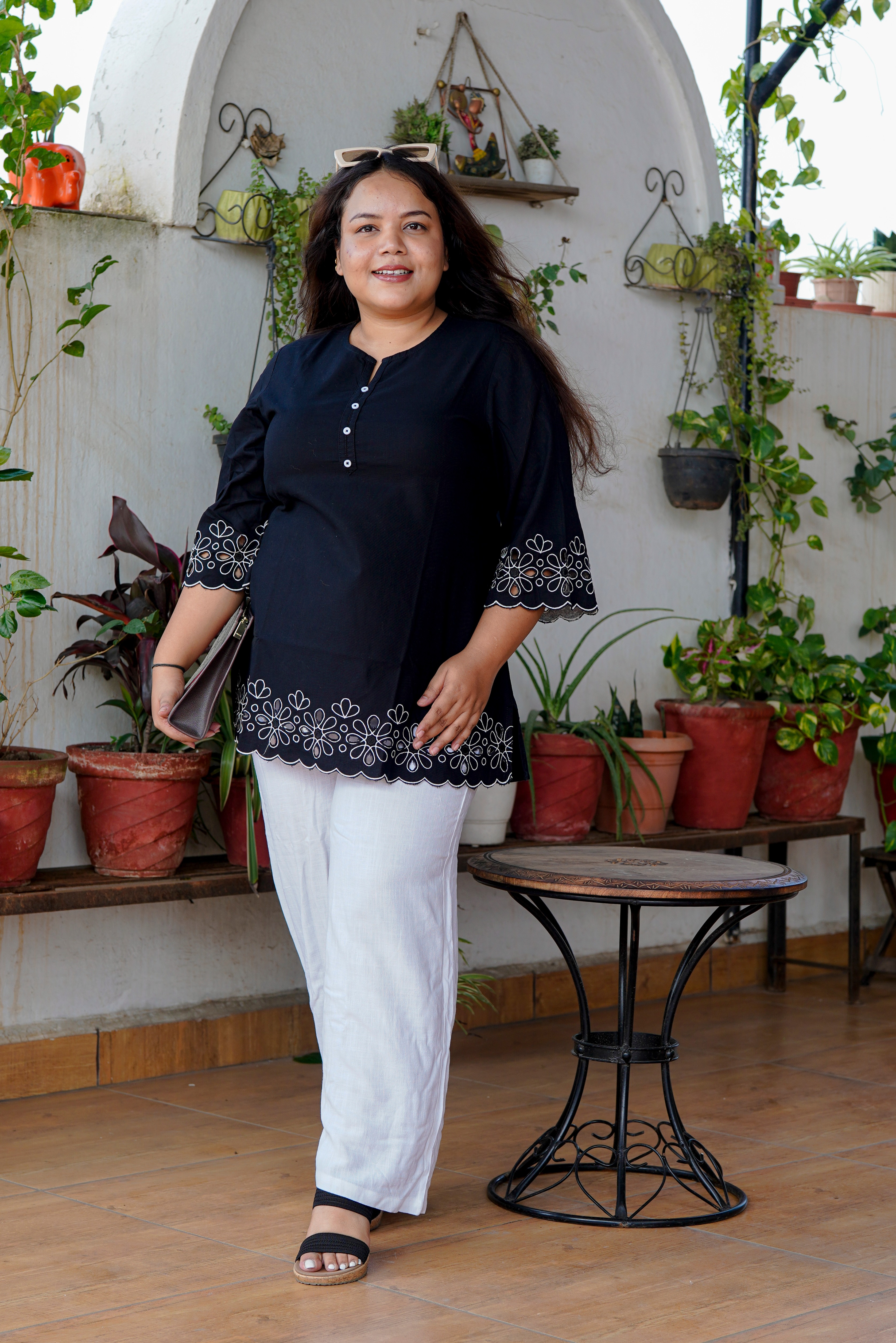 Etiquette Embroidered Short Kurti - Black