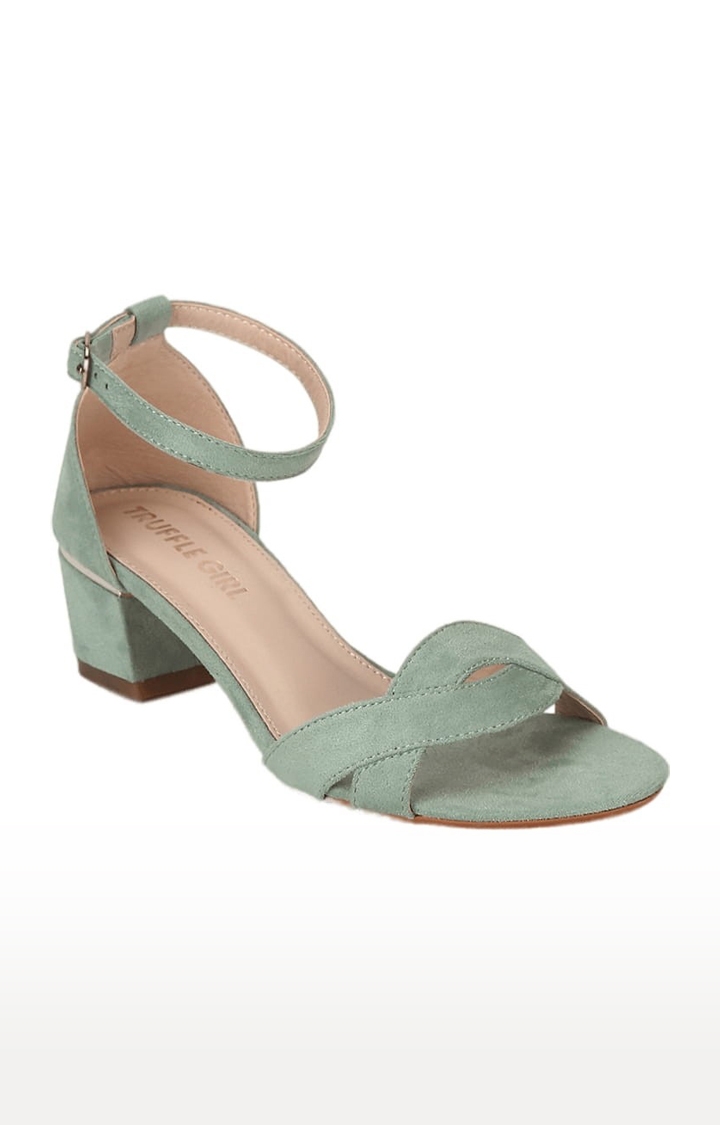 Truffle Collection | Women's Green Suede Solid Buckle Block Heels 0