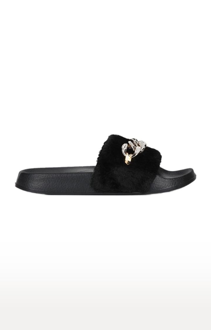 Truffle Collection | Women's Black Synthetic Embellished Slip On Flip Flops 1