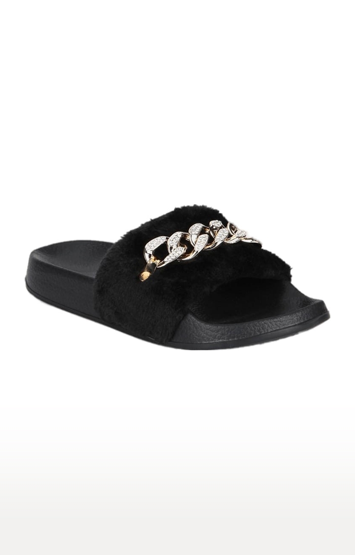 Truffle Collection | Women's Black Synthetic Embellished Slip On Flip Flops 0