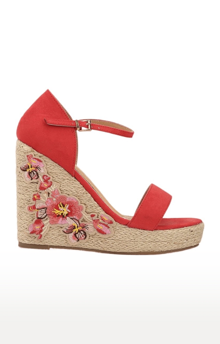 Truffle Collection | Women's Red Embroidered Buckle Wedges 1