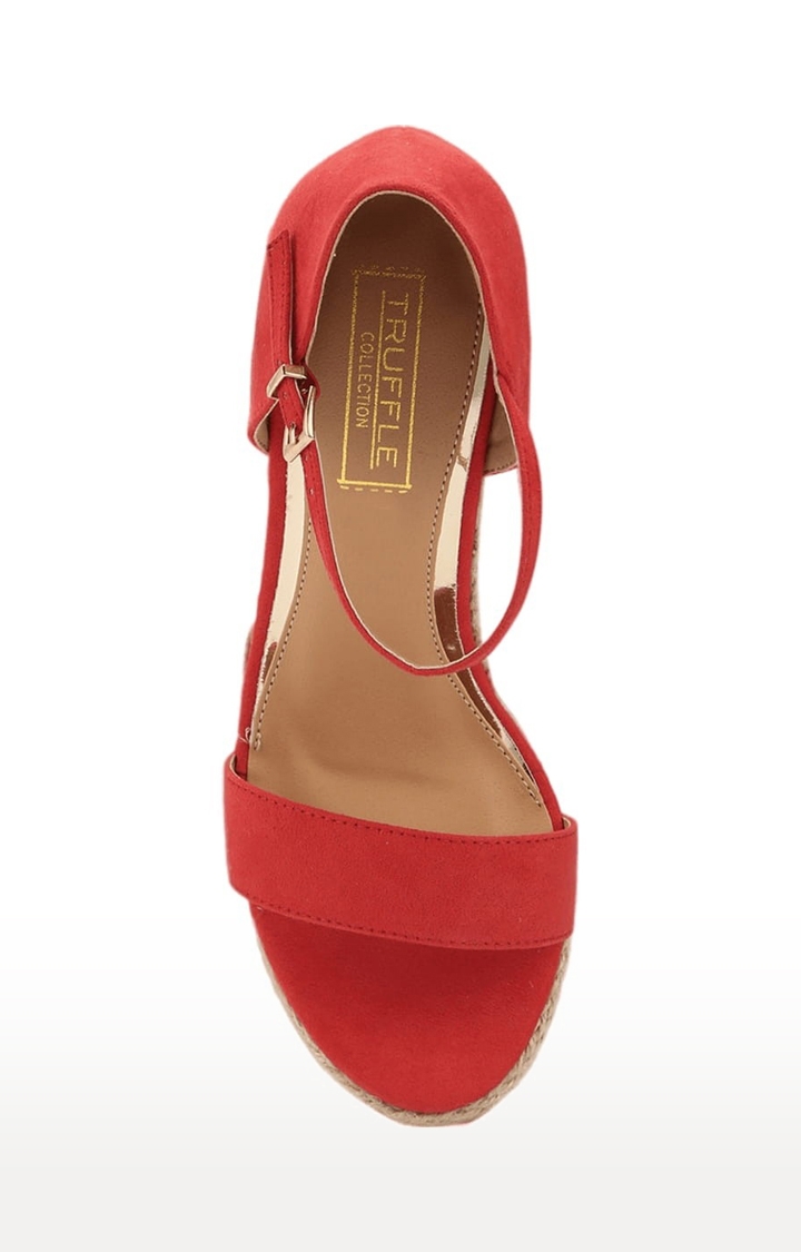 Truffle Collection | Women's Red Embroidered Buckle Wedges 3