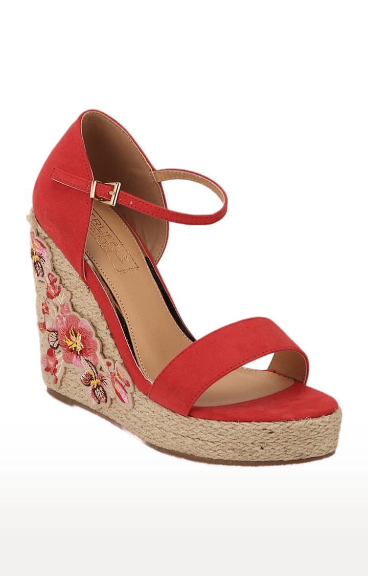 Truffle Collection | Women's Red Embroidered Buckle Wedges 0