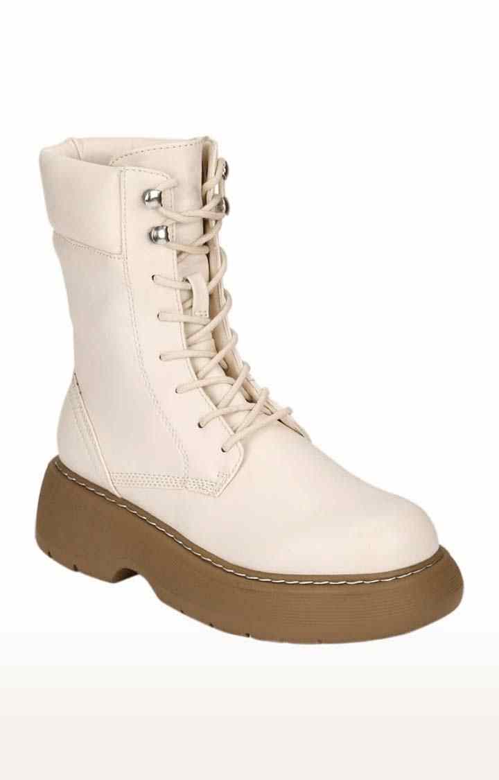 Women's Beige PU Solid Lace-Up Boot