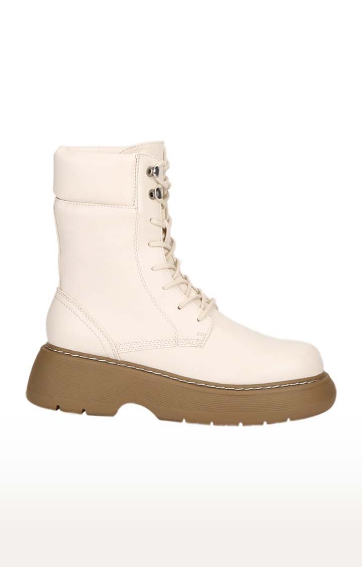 Women's Beige PU Solid Lace-Up Boot